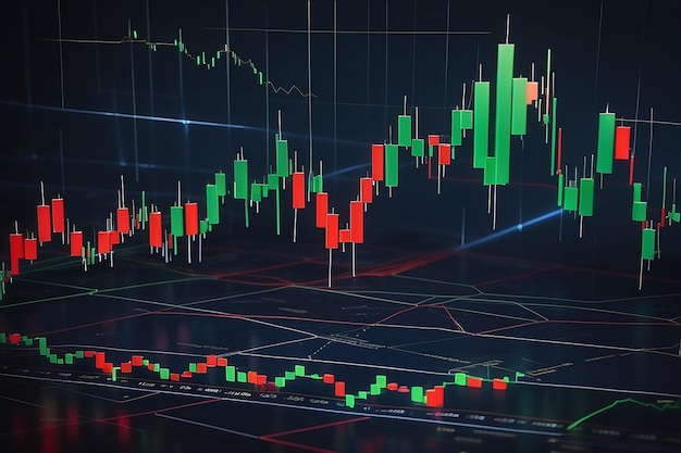 Grafico tecnico dei prezzi e grafico a candela rosso e verde dell'indicatore sullo schermo a tema blu