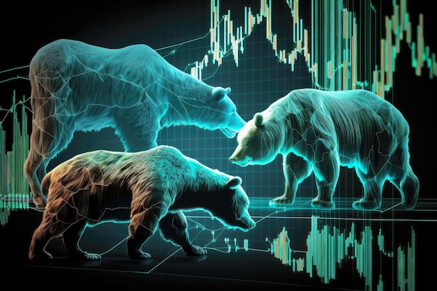 Grafico tecnico del mercato finanziario con immagine di orsi e tori generativi ai