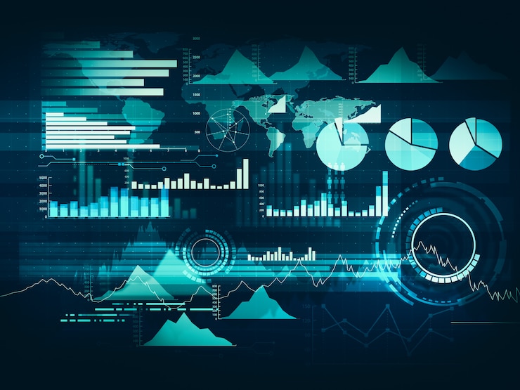 Photo grafik dengan grafik garis tren naik, diagram batang, dan diagram di pasar bullish dengan latar belakang biru tua
