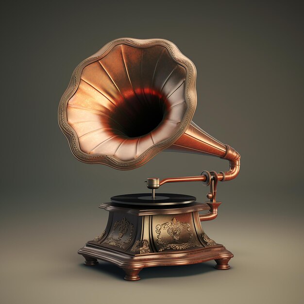 Gramofono vecchio stile renderizzato in 3D con lavorazione in metallo e legno