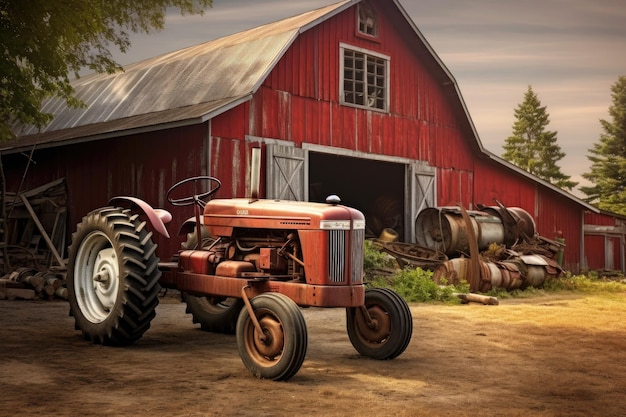 Granaio rustico con un trattore vintage parcheggiato all'esterno creato con ai generativi