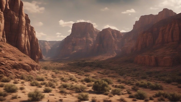 Grand Canyon nel mezzo del deserto occidentale morto con poca quantità di verde e montagne sullo sfondo