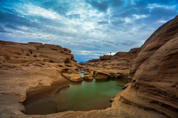 Grand canyonUbon RatchathaniScenario della grande gola erosa delle rapide rocciose con il fiume Mekong e il colore