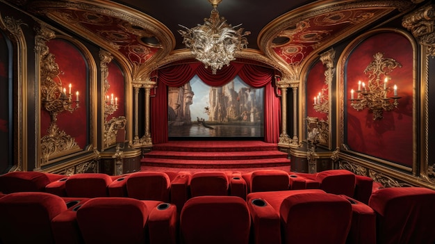 Grand Home Cinema Sedie di velluto rosso pannelli di seta ornati di lusso