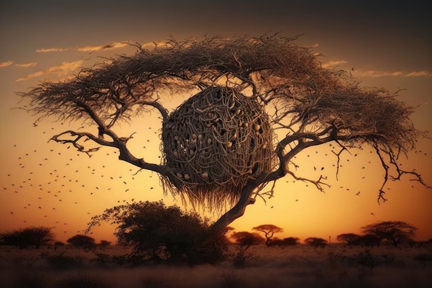 Grande albero al tramonto nella savana africana Creato con tecnologia AI generativa