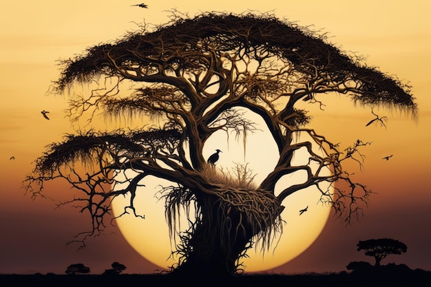 Grande albero al tramonto nella savana africana Creato con tecnologia AI generativa
