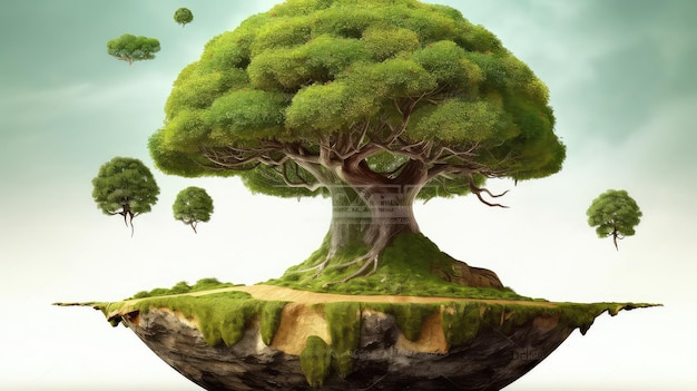Grande albero che cresce dall'illustrazione realistica della foto della terra