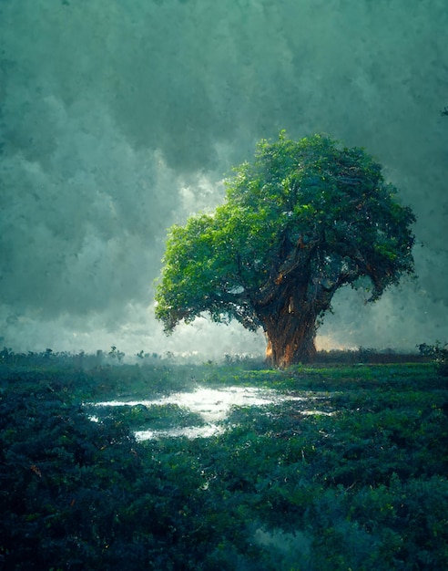 Grande albero che si siede in cima a un ai generativo campo verde lussureggiante