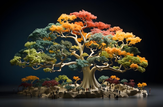 Grande albero con molte foglie colorate su sfondo nero rendering 3D