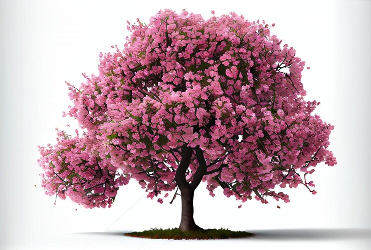 Grande albero di ciliegio rosa su sfondo bianco Stile arte digitale IA generativa