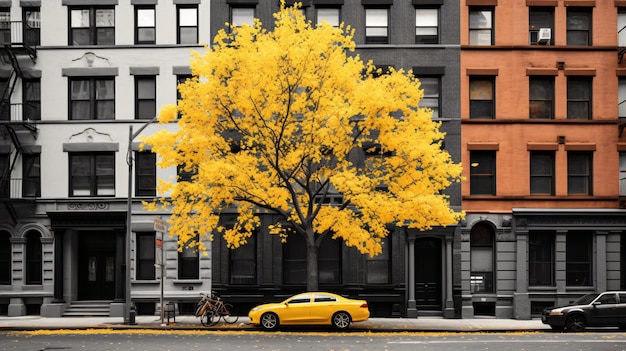 Grande albero giallo sulla strada