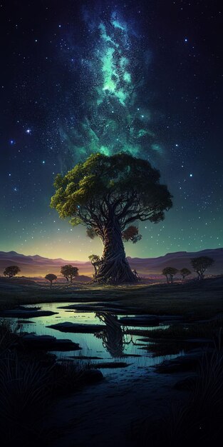 Grande albero luminoso colorato dal cielo notturno e dallo sfondo delle stelle Creato con la tecnologia generativa AI