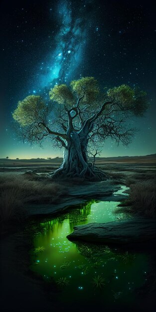 Grande albero luminoso colorato dal cielo notturno e dallo sfondo delle stelle Creato con la tecnologia generativa AI