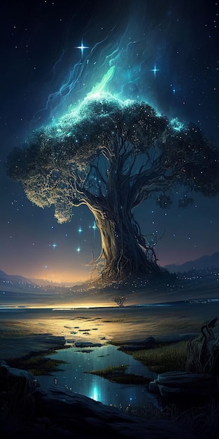 Grande albero luminoso colorato dal cielo notturno e dallo sfondo delle stelle Creato con la tecnologia generativa AI