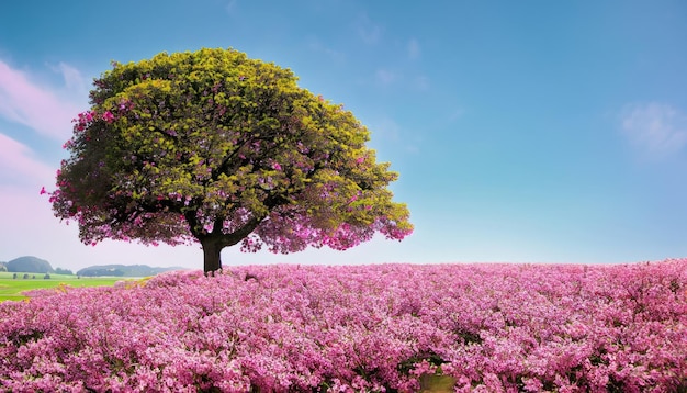 Grande albero nel giacimento di fiore di colore rosa