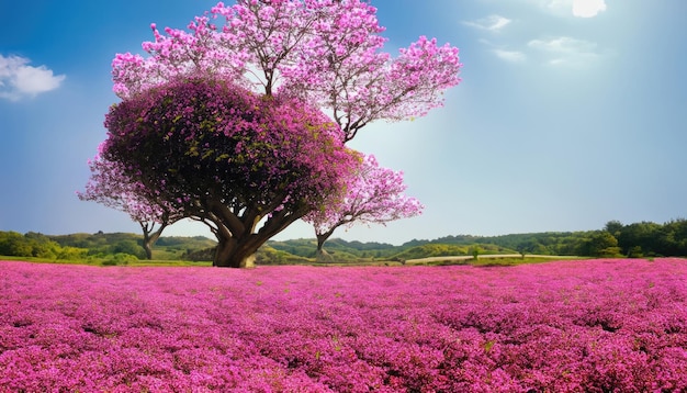 Grande albero nel giacimento di fiore di colore rosa
