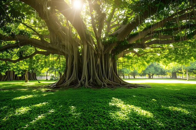 Grande albero nel parco pubblico con la luce solare e l'erba verde sullo sfondo