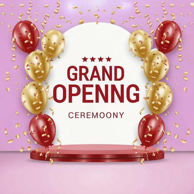 Grande apertura Confetti d'oro e forbici che tagliano nastro di seta rosso Stendardo della cerimonia di inaugurazione