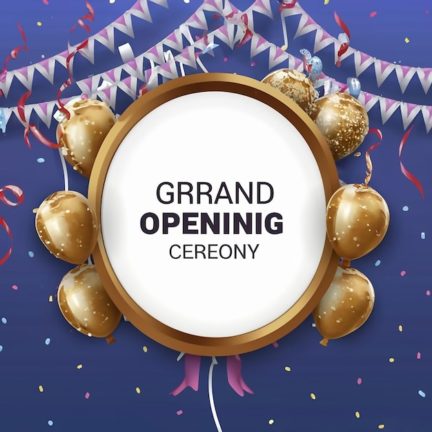Grande apertura Confetti d'oro e forbici che tagliano nastro di seta rosso Stendardo della cerimonia di inaugurazione