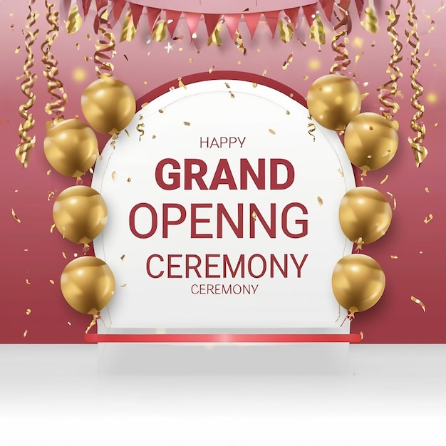 Grande apertura Confetti d'oro e forbici che tagliano nastro di seta rosso Stendardo della cerimonia di inaugurazione