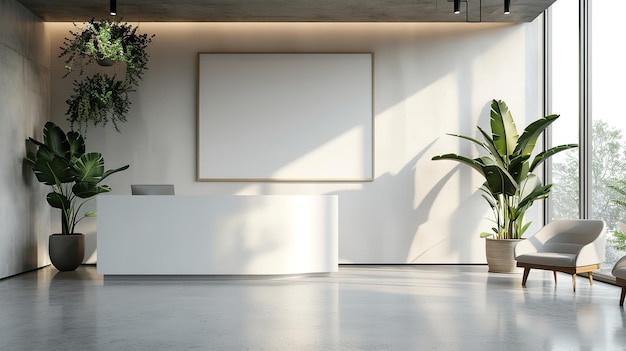 Grande area di accoglienza dell'ufficio con sfondo di legno e poster bianco vuoto e spazio Generativa AI