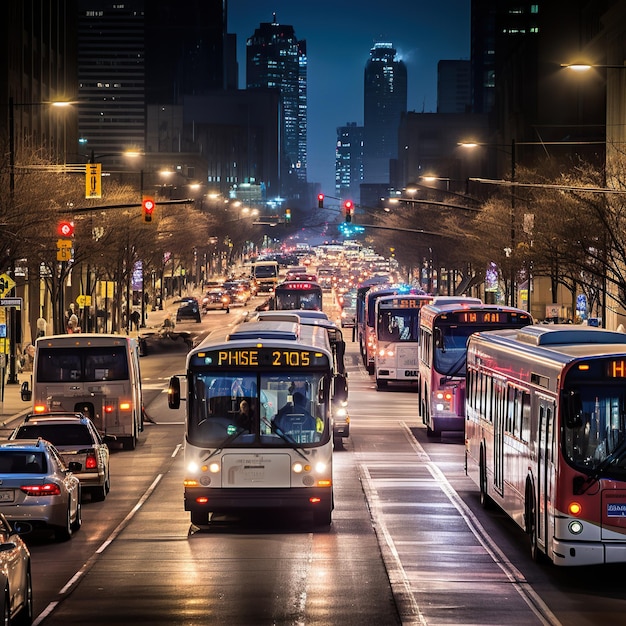 Grande autobus passeggeri con le luci accese in piedi su una strada vuota di notte o al mattino leggermente