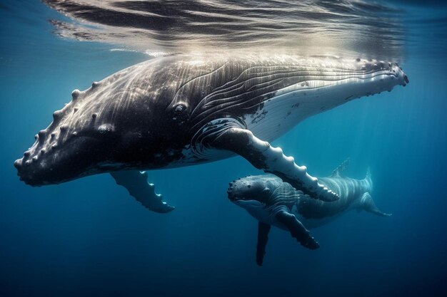 Grande balena a gobba con il bambino che nuota in mare