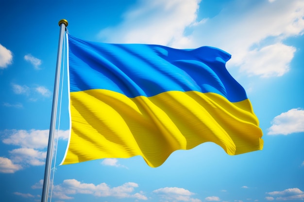 Grande bandiera ucraina blu e gialla che vola in aria con cielo blu sullo sfondo IA generativa