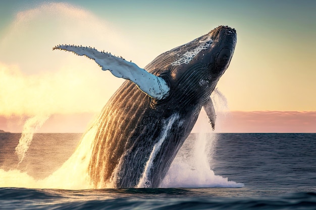 Grande bella balena che salta fuori dall'acqua con il suo muso sullo sfondo dell'alba