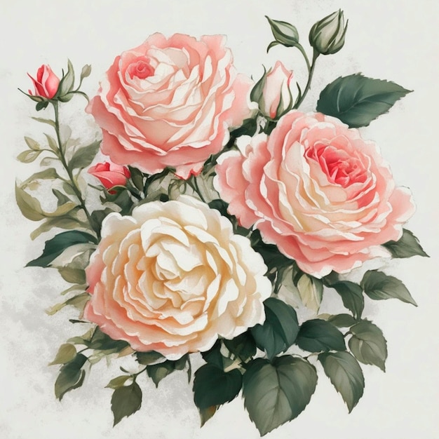 Grande bellissimo bouquet di fiori stile vintage acquerello infiorescenza di rose bianche e rosa sorride al sole