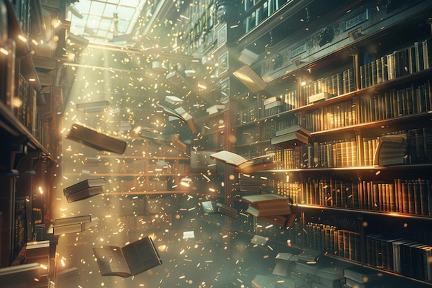 Grande biblioteca con libri galleggianti e luce magica