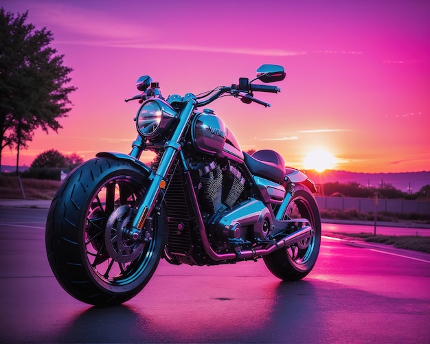 Grande bici di lusso per motociclette durante l'alba al neon