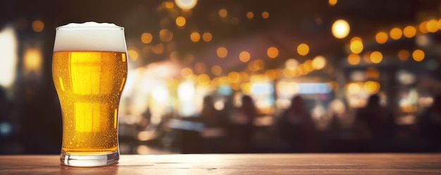 Grande birra in boccale sul festival del tavolo in legno Panorama dell'Oktoberfest Ai generativo