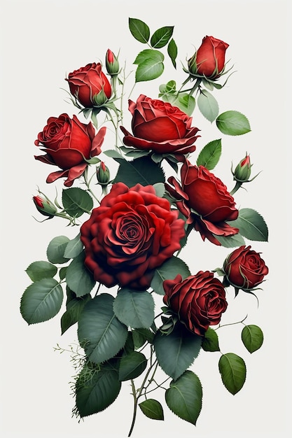 Grande bouquet di rose rosse molto su sfondo bianco IA generativa