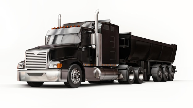 Grande camion americano nero con un autocarro con cassone ribaltabile tipo rimorchio per il trasporto di merci alla rinfusa su uno sfondo bianco. illustrazione 3D.