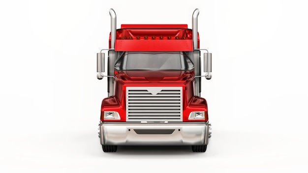 Grande camion americano rosso con un autocarro con cassone ribaltabile tipo rimorchio per il trasporto di merci alla rinfusa su sfondo bianco. illustrazione 3D.