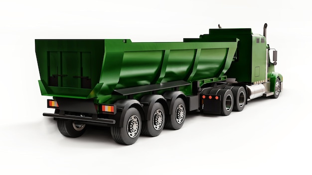 Grande camion americano verde con un autocarro con cassone ribaltabile tipo rimorchio per il trasporto di merci alla rinfusa su sfondo bianco. illustrazione 3D.