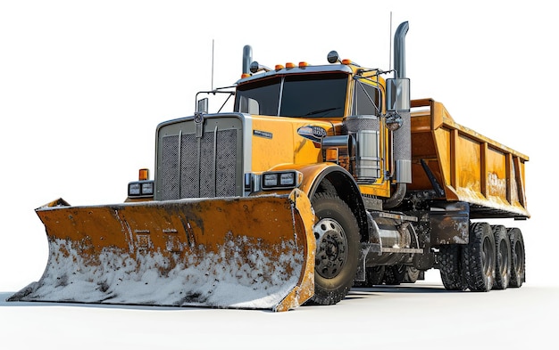 Grande camion arancione con aratro attaccato al veicolo anteriore per lo sgombero della neve