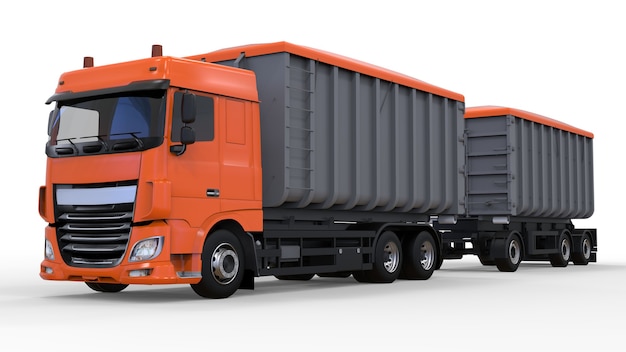 Grande camion arancione con rimorchio separato, per il trasporto di materiali e prodotti sfusi agricoli ed edili. rendering 3D.