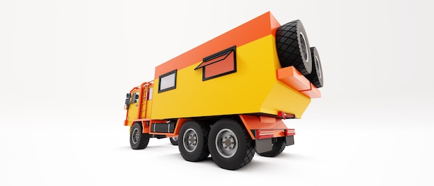 Grande camion arancione preparato per spedizioni lunghe e impegnative in aree remote. Camion con casa su ruote. illustrazione 3D.