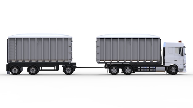 Grande camion bianco con rimorchio separato, per il trasporto di materiali e prodotti sfusi agricoli ed edili. rendering 3D.