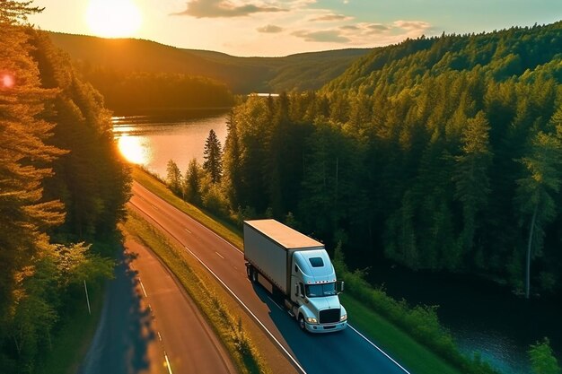 Grande camion blu che guida veloce con un rimorchio bianco con spazio vuoto per il testo su una strada di campagna con altre auto contro un cielo blu con un tramonto IA generativa