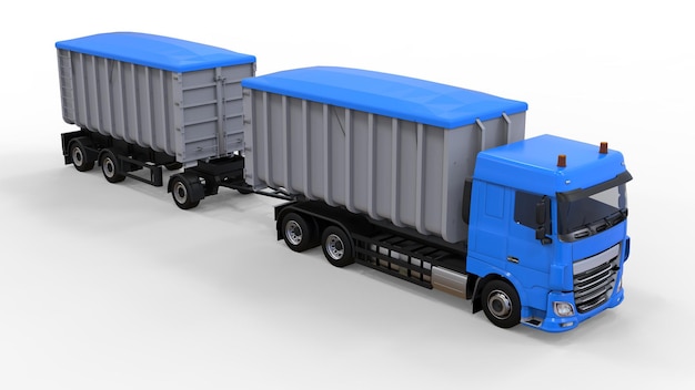 Grande camion blu con rimorchio separato per il trasporto di rendering 3d agricolo