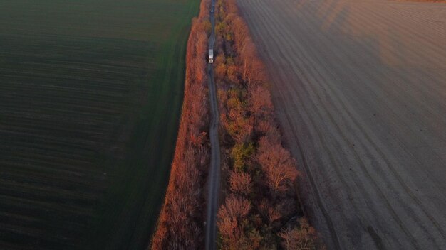 Grande camion carico bianco auto bianca guida strada sterrata tra campi agricoli