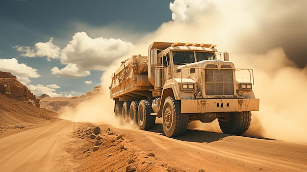 Grande camion che trasporta sabbia su un sito minerario di platino