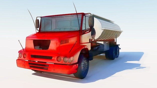 Grande camion cisterna rosso con un rimorchio in metallo lucido. Viste da tutti i lati. illustrazione 3D.