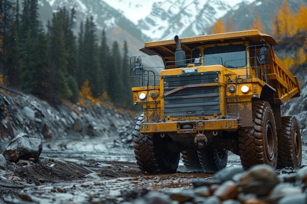 Grande camion giallo che guida su Rocky Road