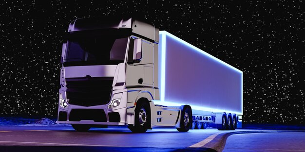 Grande camion moderno che guida su strada sotto il cielo stellato