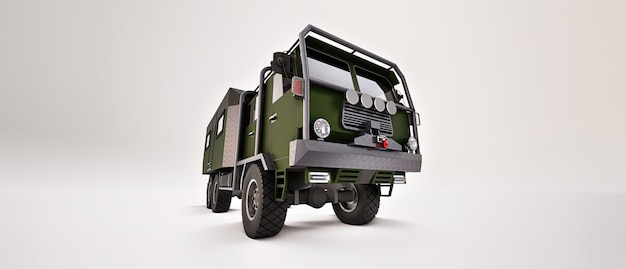 Grande camion verde preparato per spedizioni lunghe e impegnative in aree remote illustrazione 3d