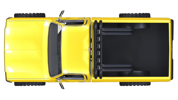 Grande camioncino fuoristrada. Completo - formazione. Sospensioni molto rialzate. Ruote enormi con punte per rocce e fango. illustrazione 3D.